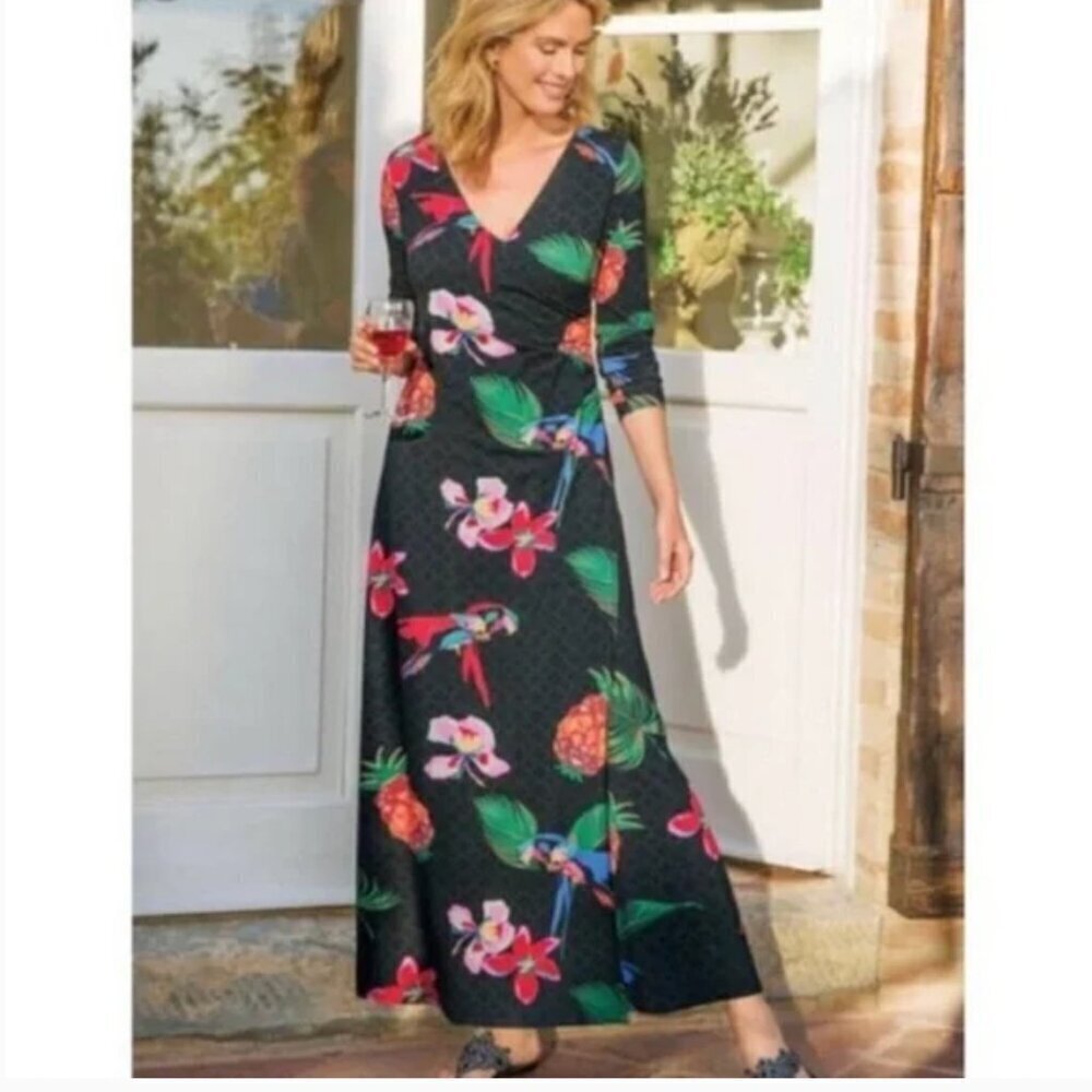 Soft Surroundings Wear Anywhere Tropical Floral Bird Faux Wrap Maxi Dress